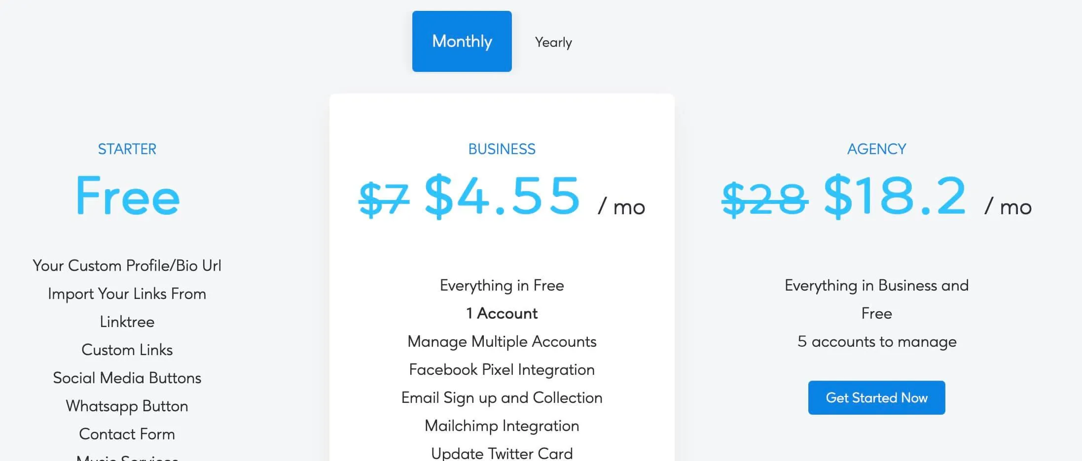 Pagina prezzi di ContactInBio con il piano Starter gratuito, Business a 4,55 $ e Agency a 18,2 $ al mese