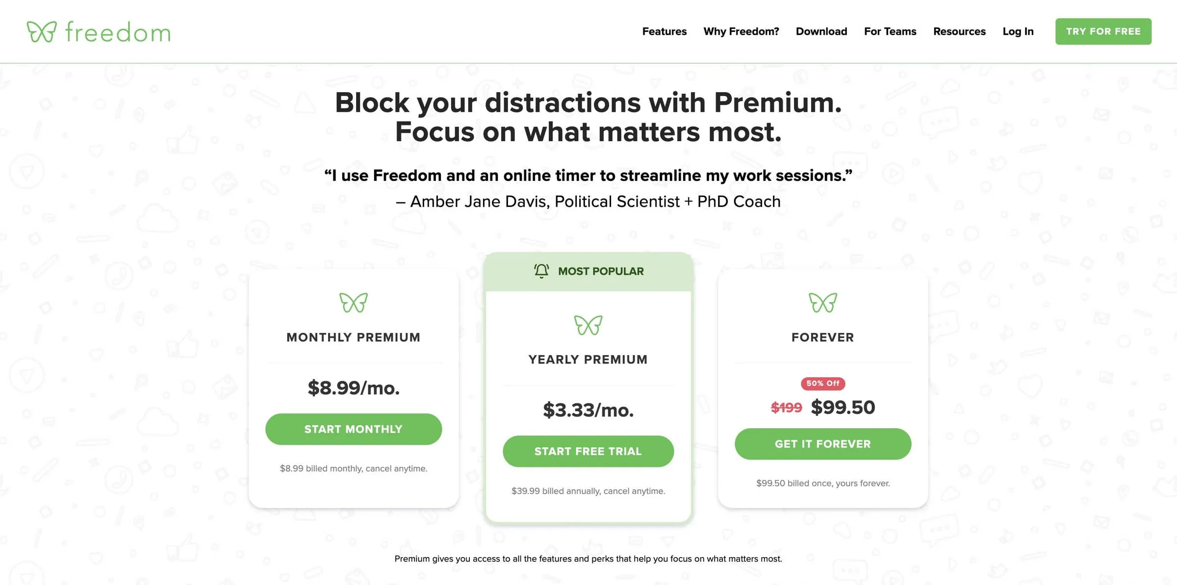 Pagina dei prezzi di Freedom: Premium mensile a 8,99 $, Premium annuale a 3,33 $ al mese, Forever a 99,50 $ invece di 199 $