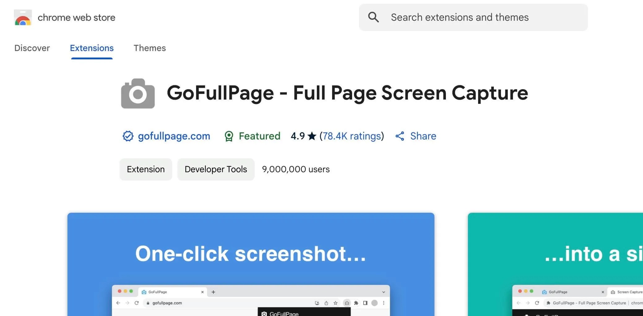 Scheda di GoFullPage sul Chrome Web Store con 9 milioni di utenti e un voto medio di 4,9