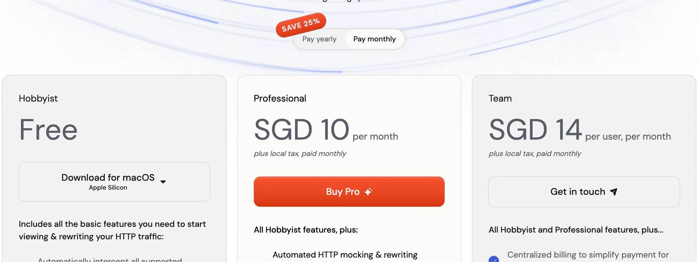Pagina dei prezzi di HTTP Toolkit con i piani Hobbyist gratuito, Professional e Team e lo sconto del 25% sul pagamento annuale