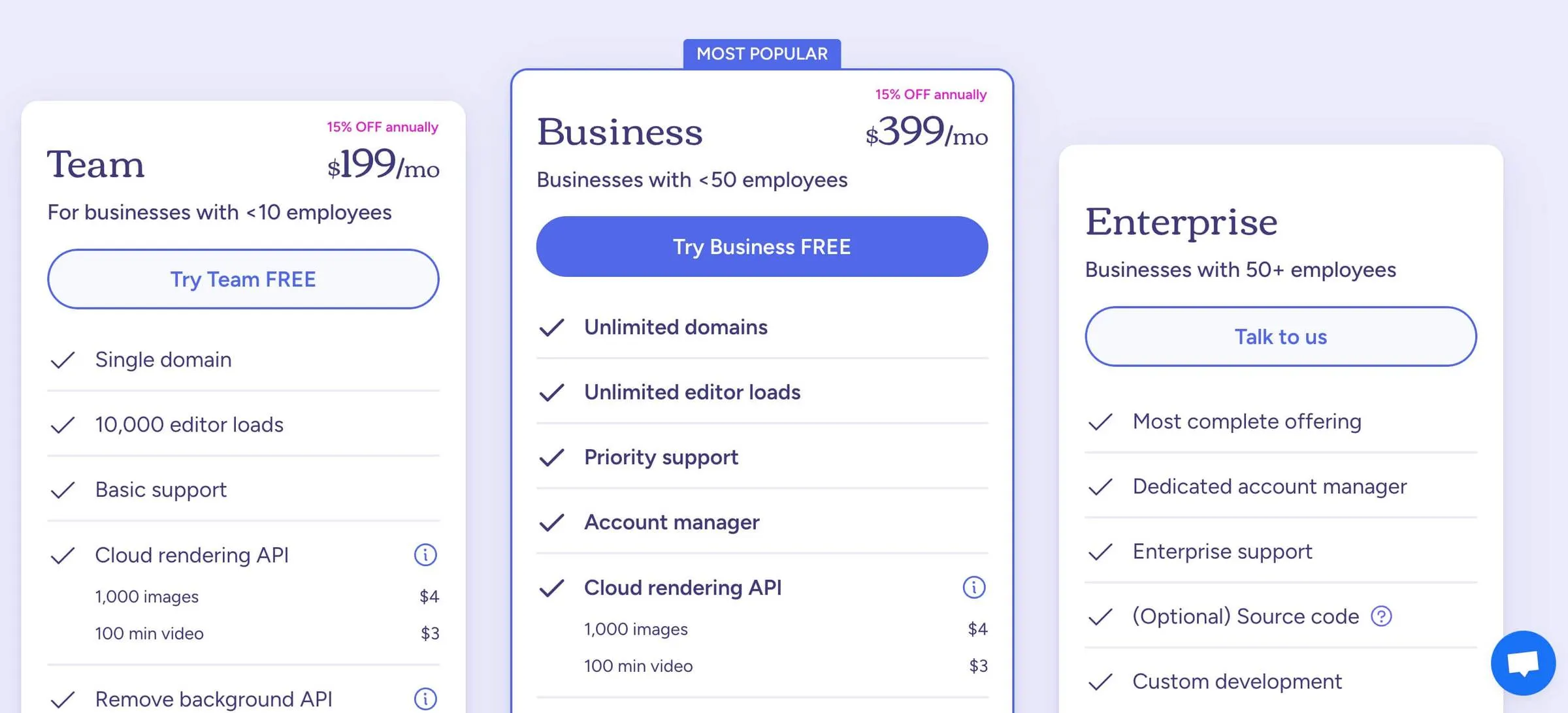 Pagina dei prezzi di Polotno SDK con i piani Team, Business ed Enterprise e le funzioni incluse