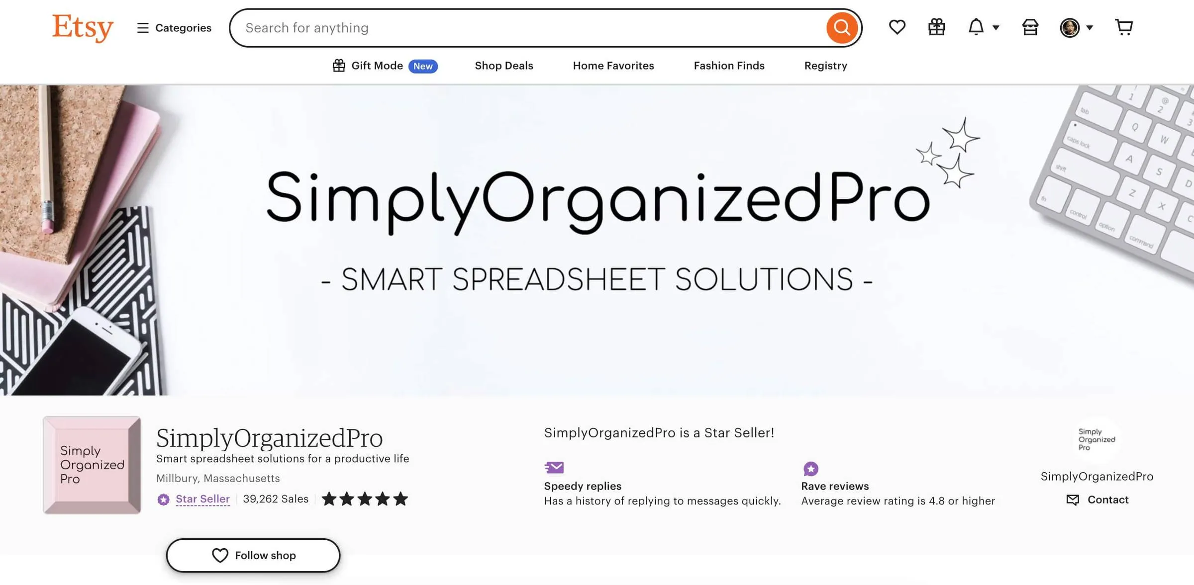 Pagina del negozio Etsy SimplyOrganizedPro con il banner Smart Spreadsheet Solutions e il contatore di 39.262 vendite